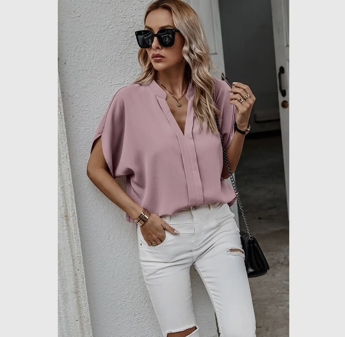 Vneck solid half sleeve pink