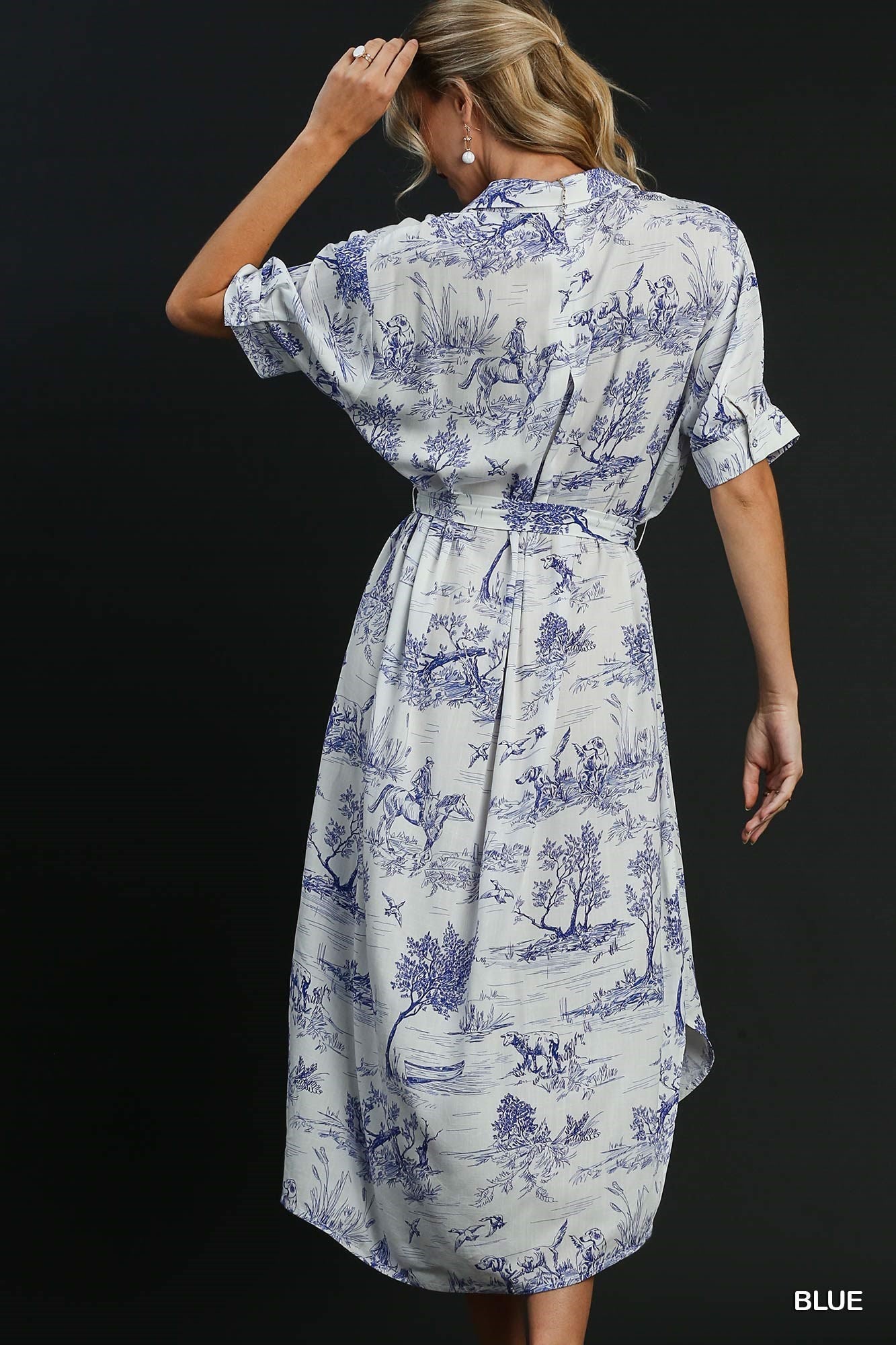 two tone button up landscape midi in blue