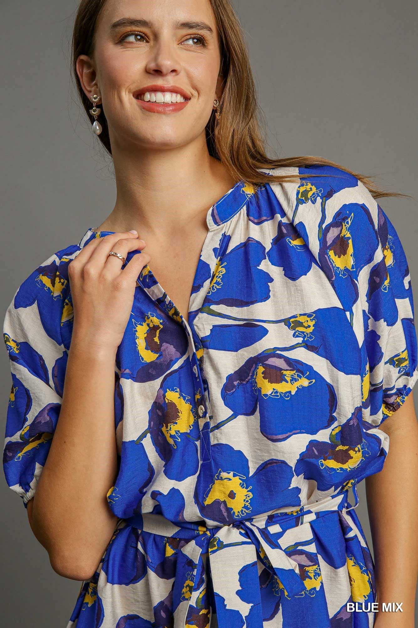 half button down floral dress in blue