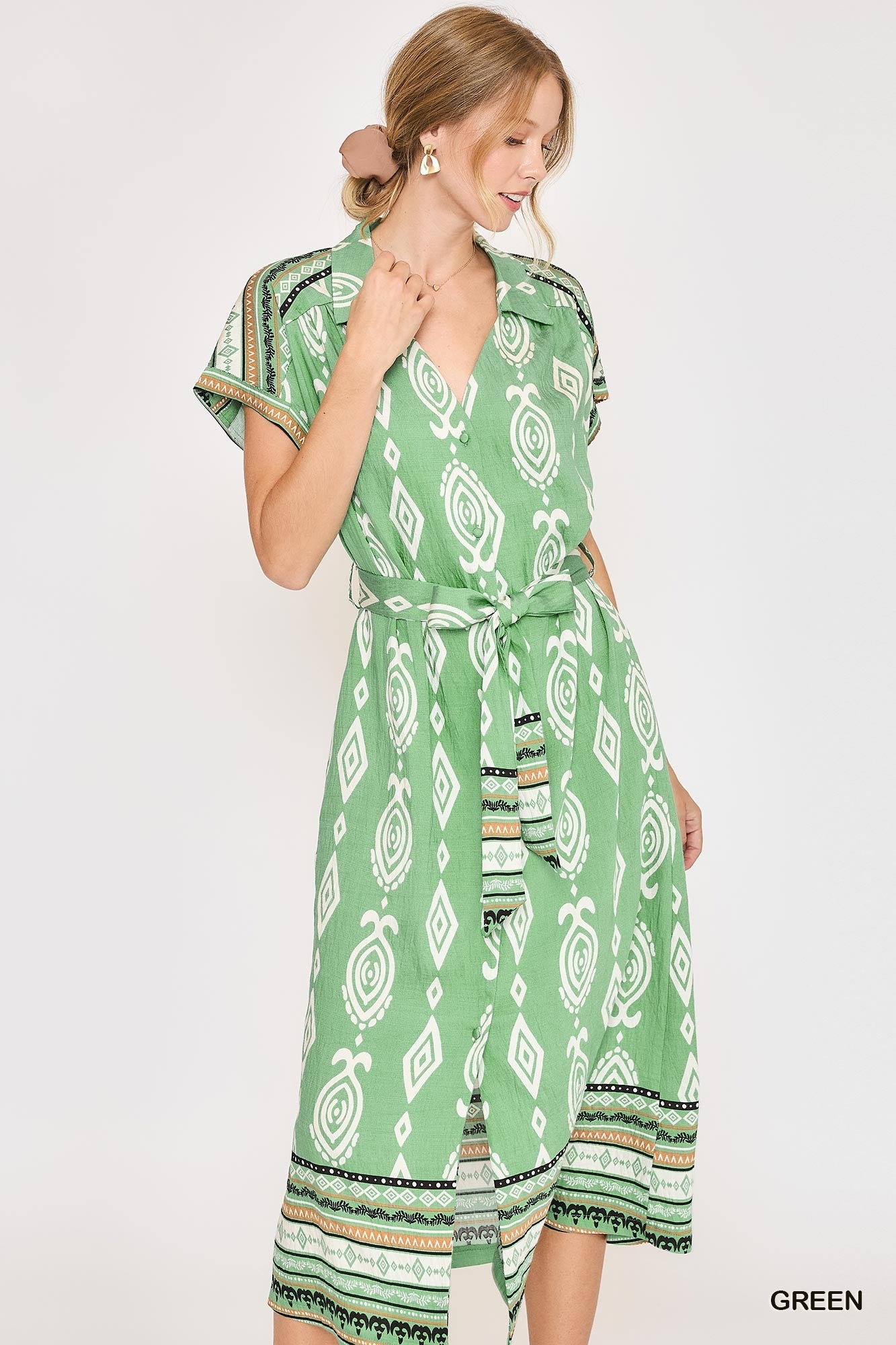 border print midi dress green