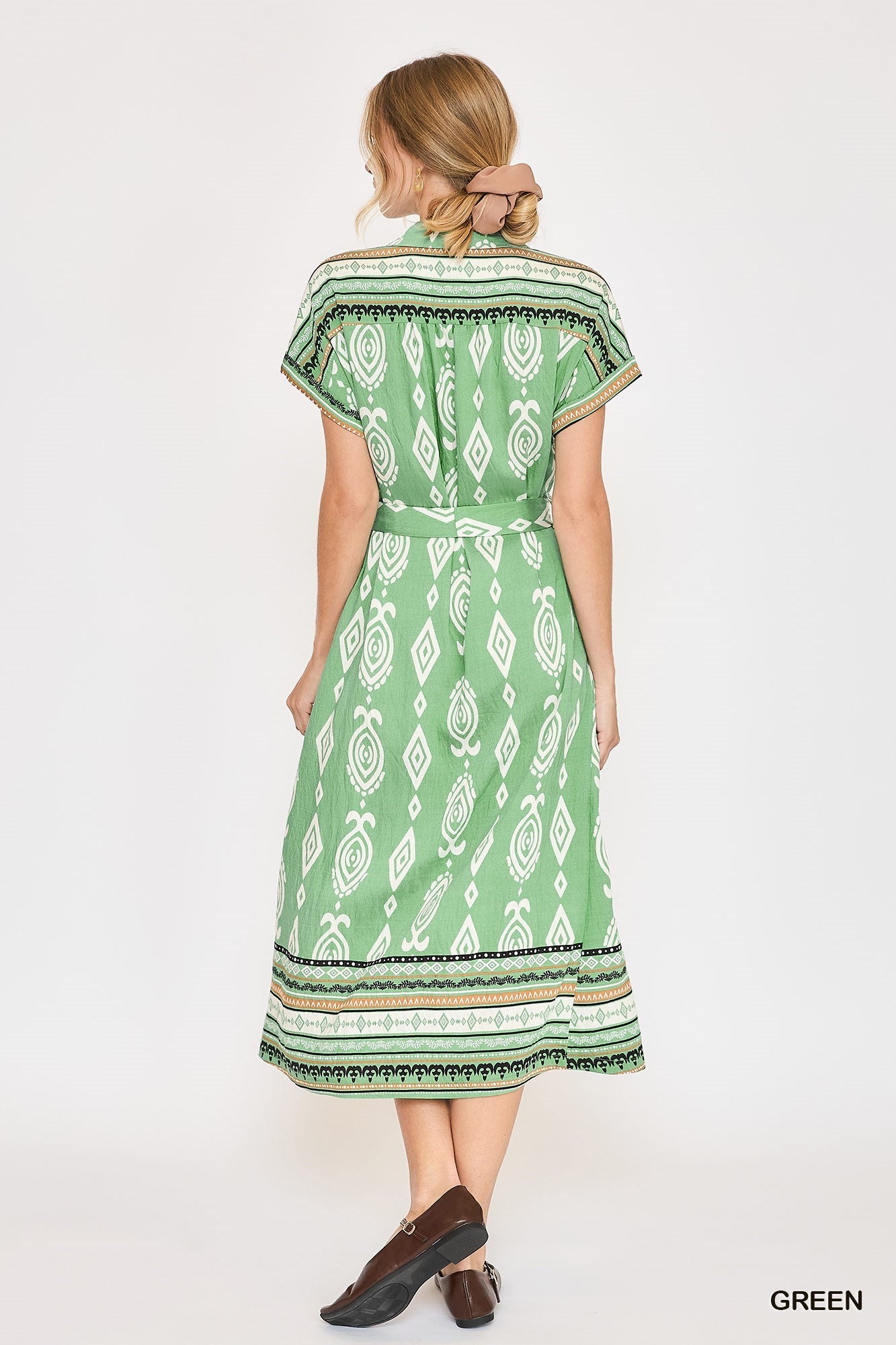 border print midi dress green