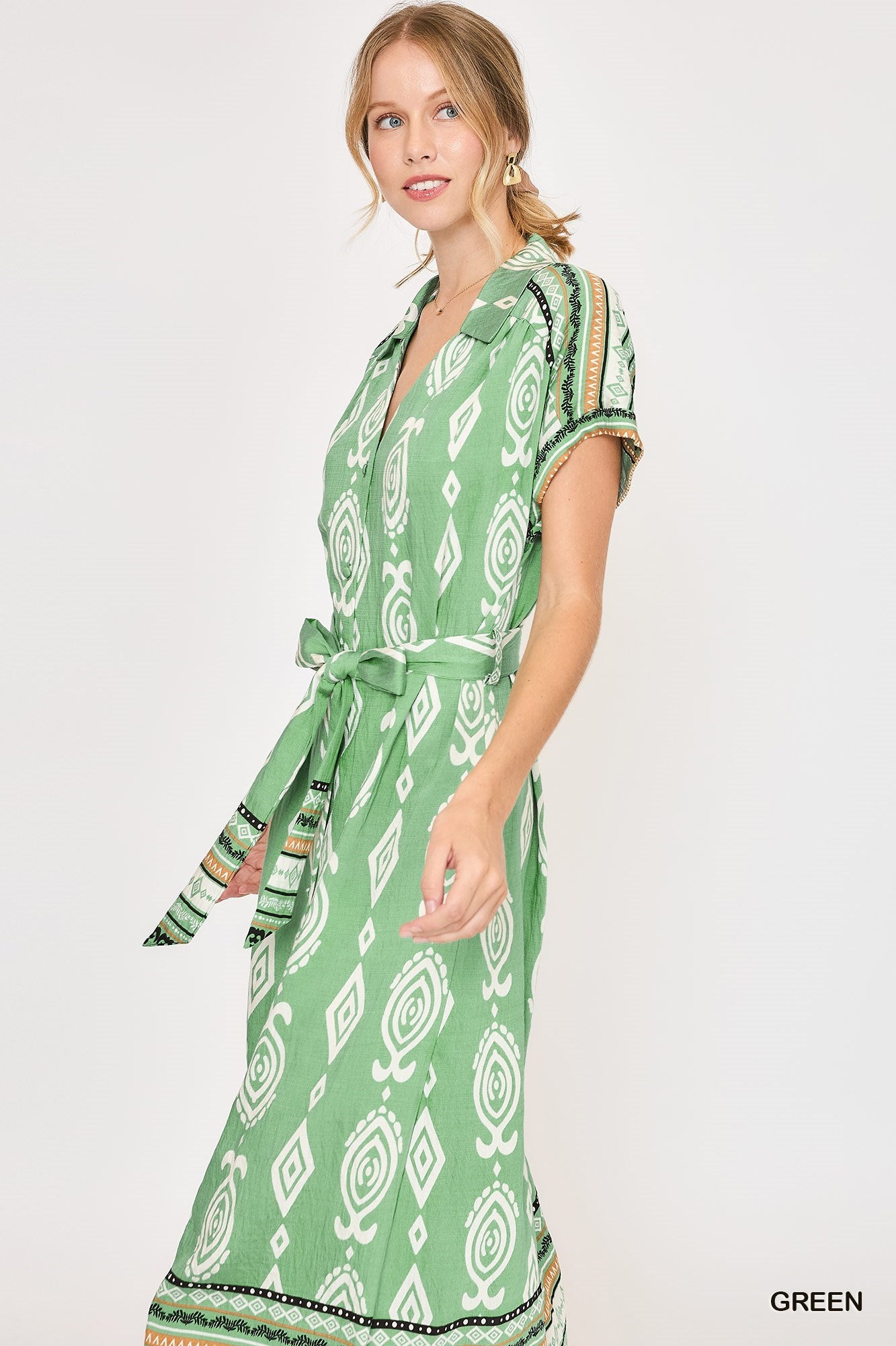 border print midi dress green