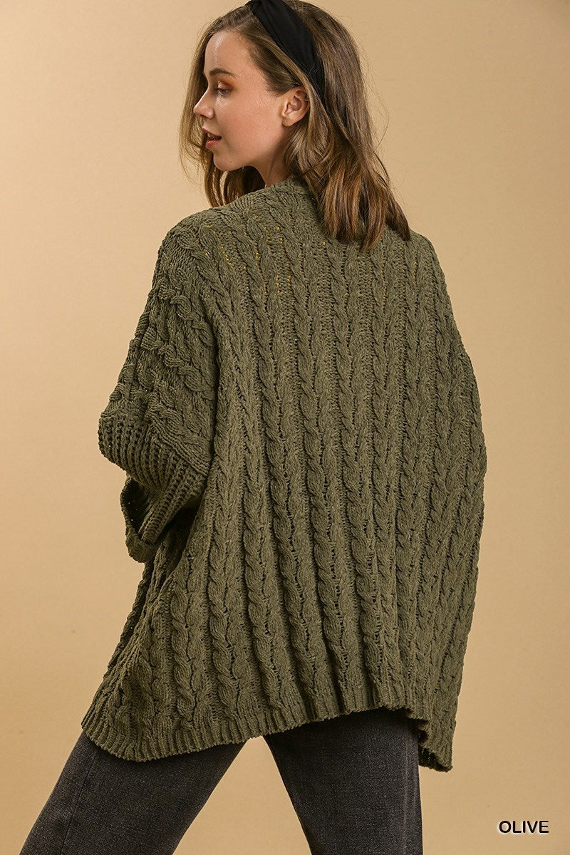 3/4 sleeve knit open sweater olive