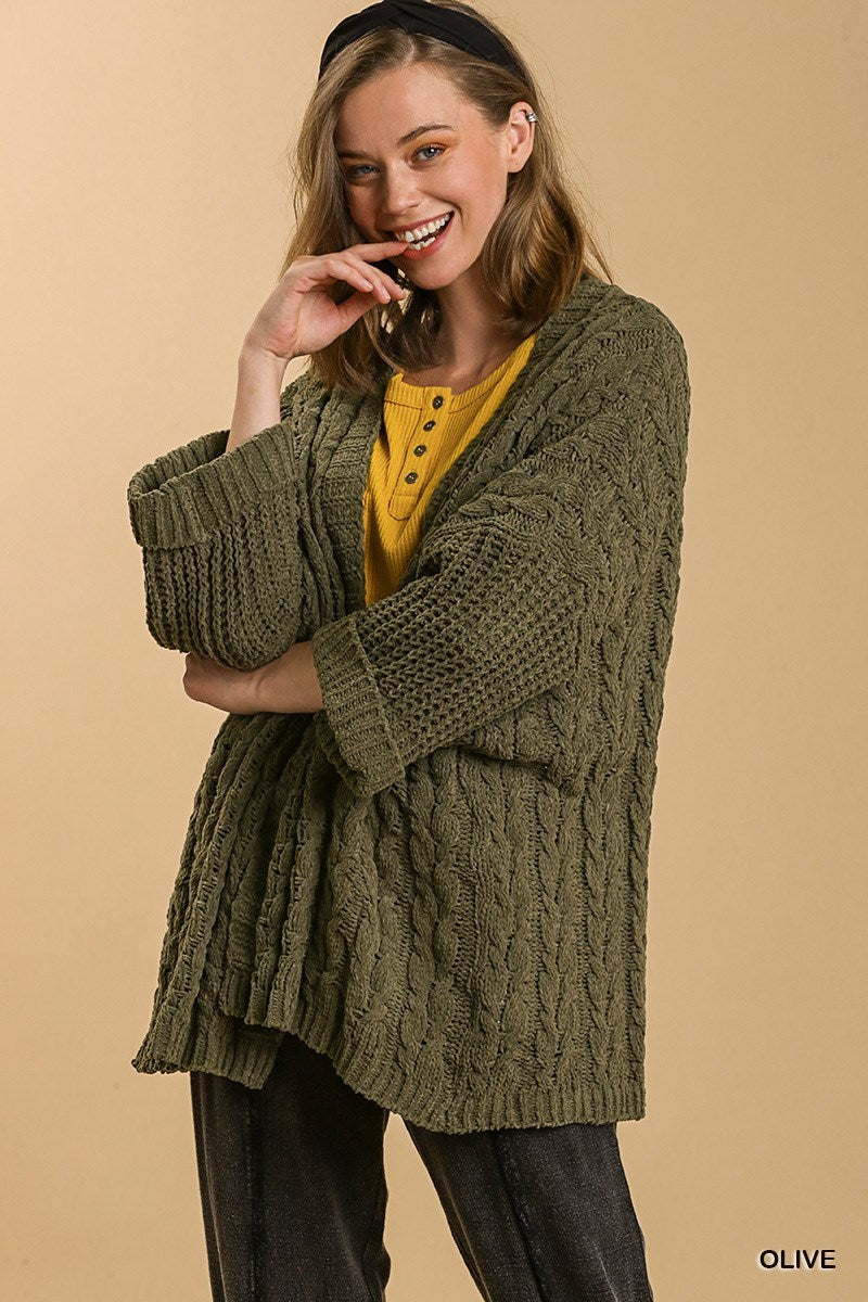 3/4 sleeve knit open sweater olive