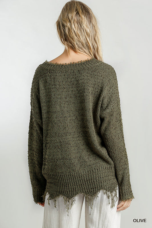 Frayed long sleeve knit pullover olive S