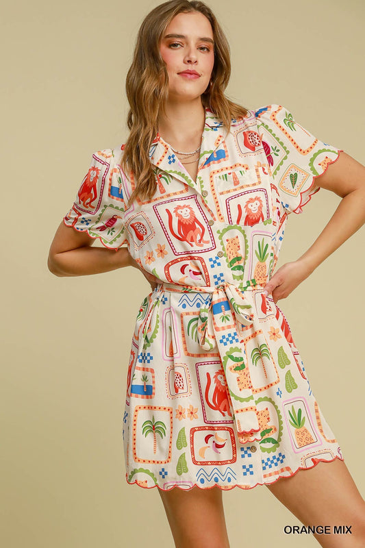 tropical print button down dress