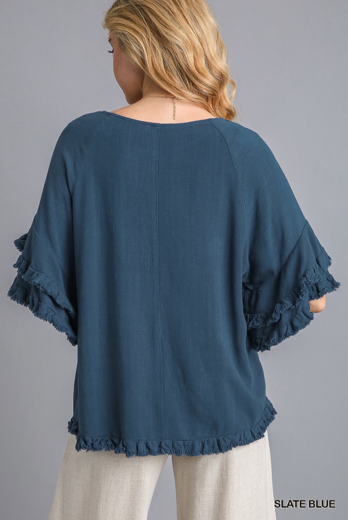 Linen blend ruffle top slate blue