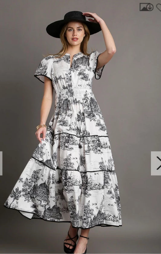 Toiled print tiered maxi black