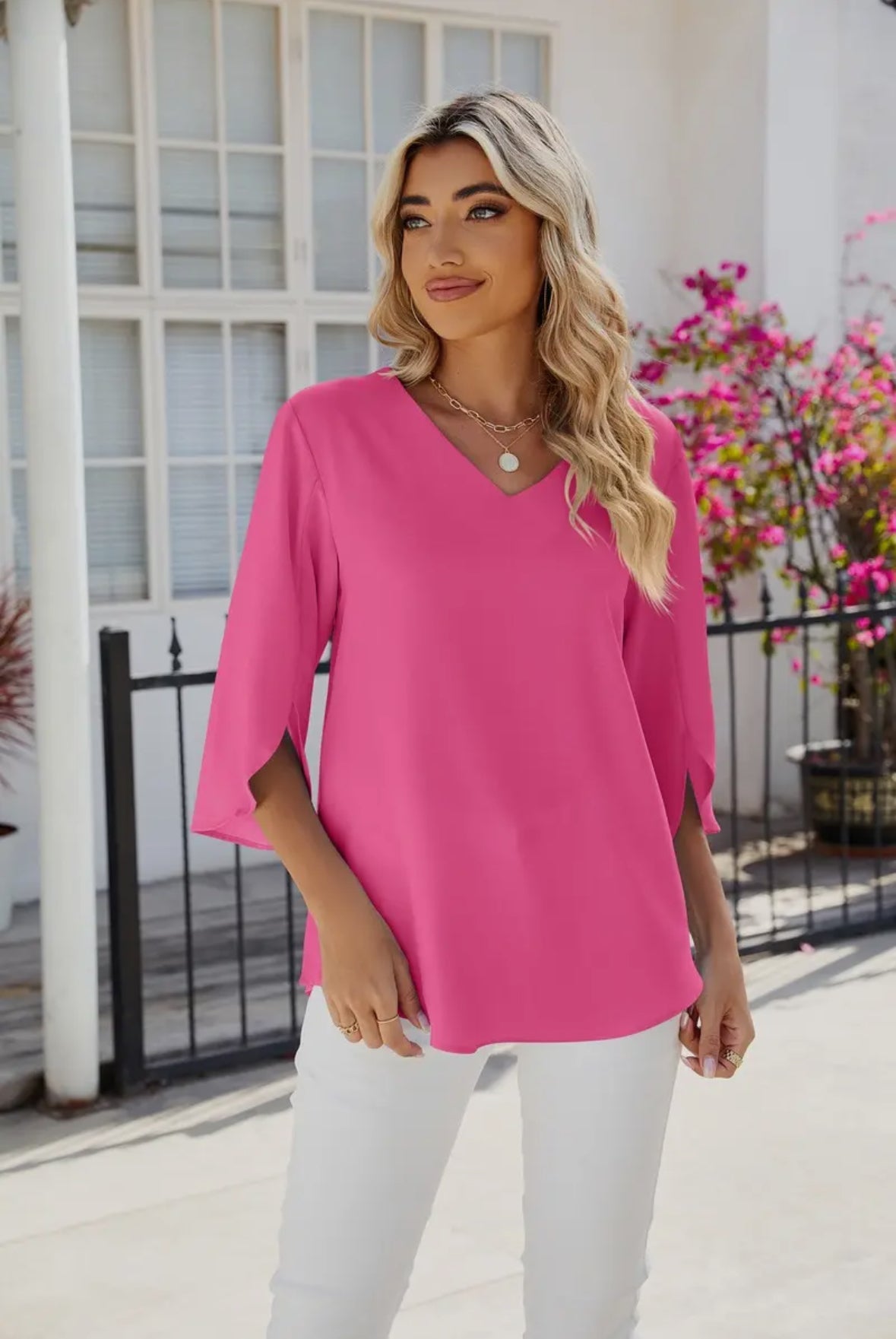 3/4 sleeve round neck pink