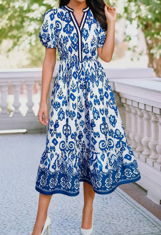 Floral puff sleeve vneck blue