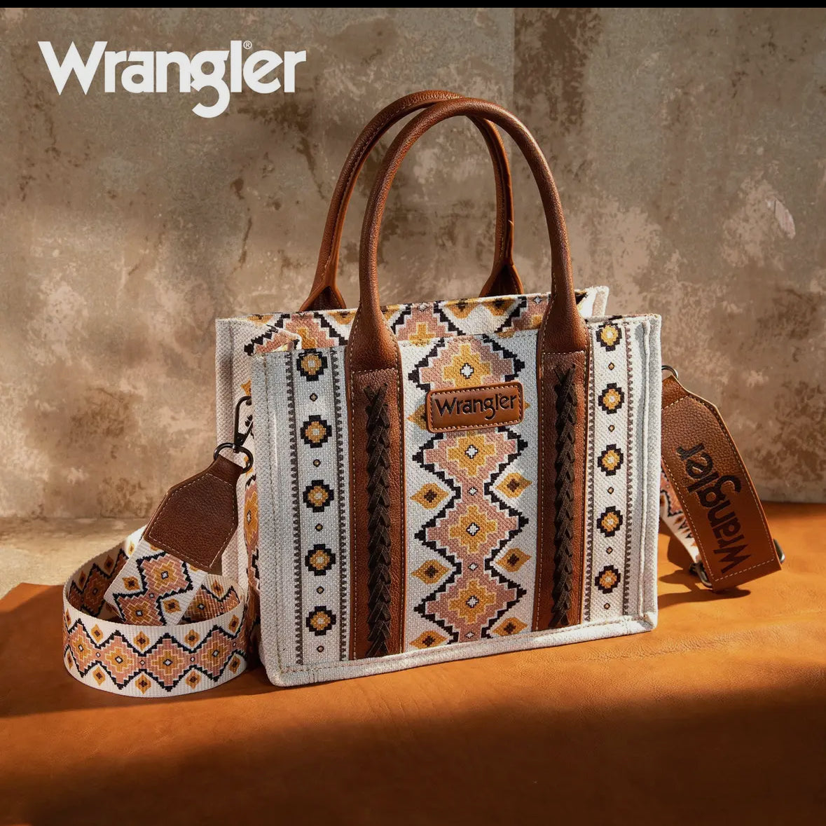 Wrangler Southwestern print canvas tote/crossbody brown