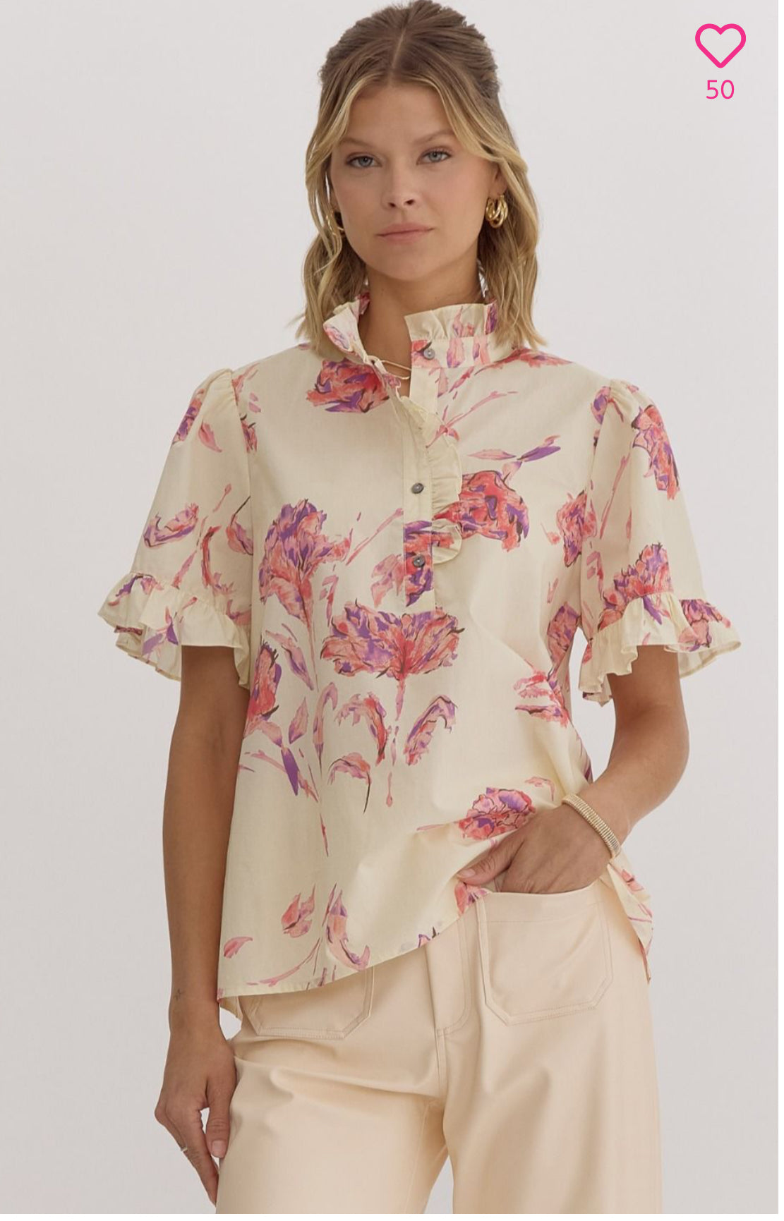 Floral print short sleeve button pink