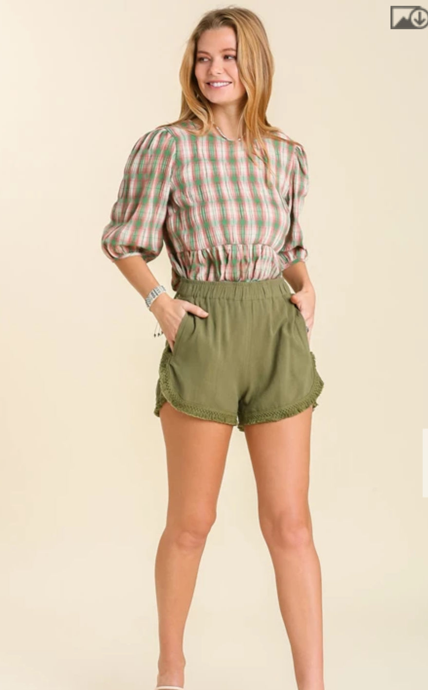 Elastic waist linen short  green R033