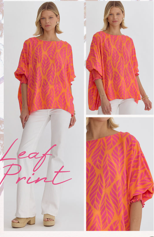 Leaf print hot pink T23076