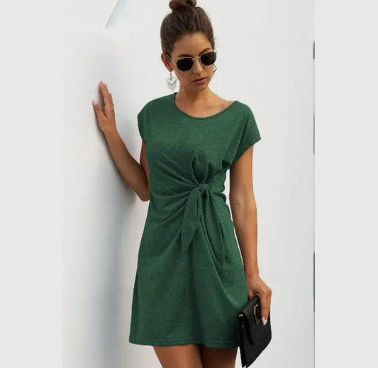 Solid front tie style tee dress green