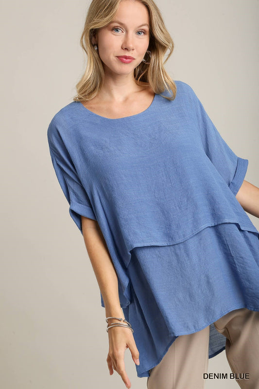 Cuffed 1/2 sleeve layered tunic denim  S