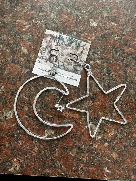 Moon and star silver hoops