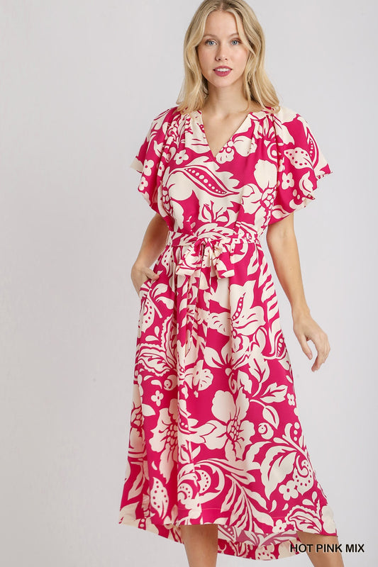 Two tone split neck A line hot pink