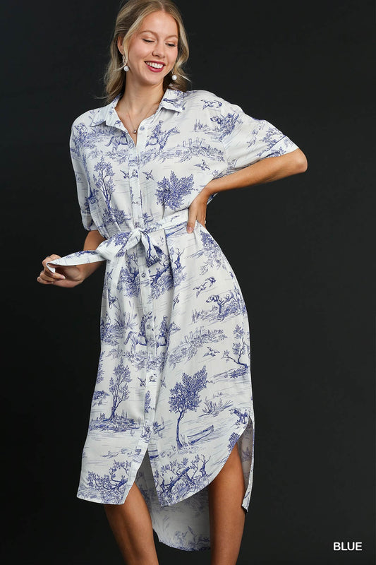 two tone button up landscape midi in blue