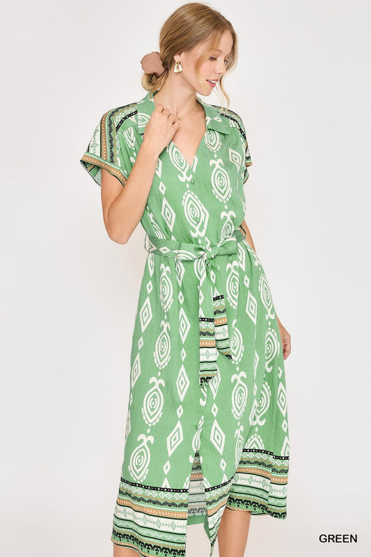 border print midi dress green