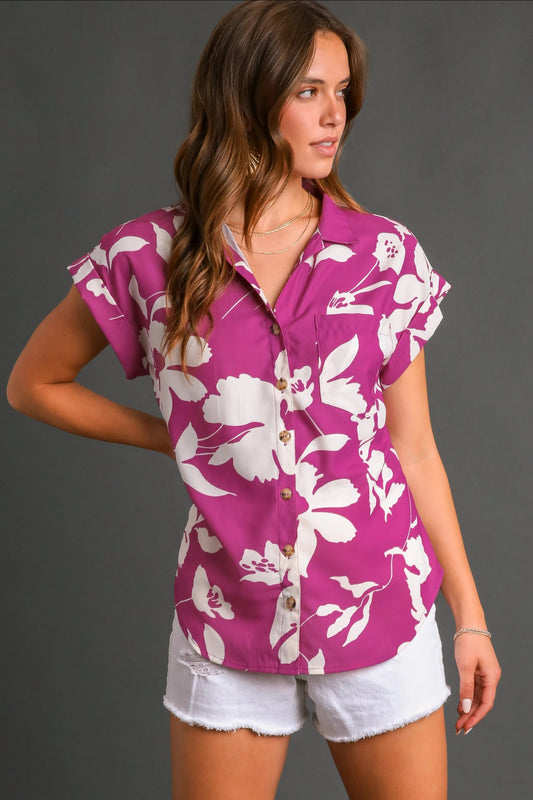 Flower Print button down magenta