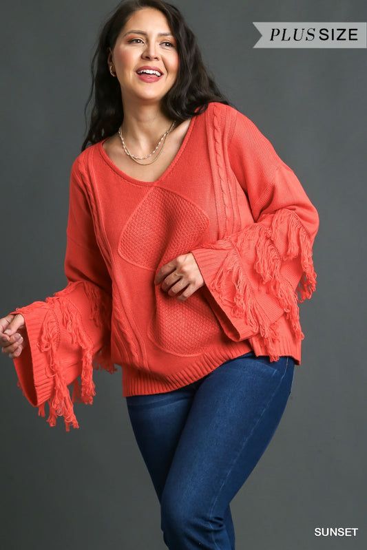 Vneck knit sweater w/fringe sunset