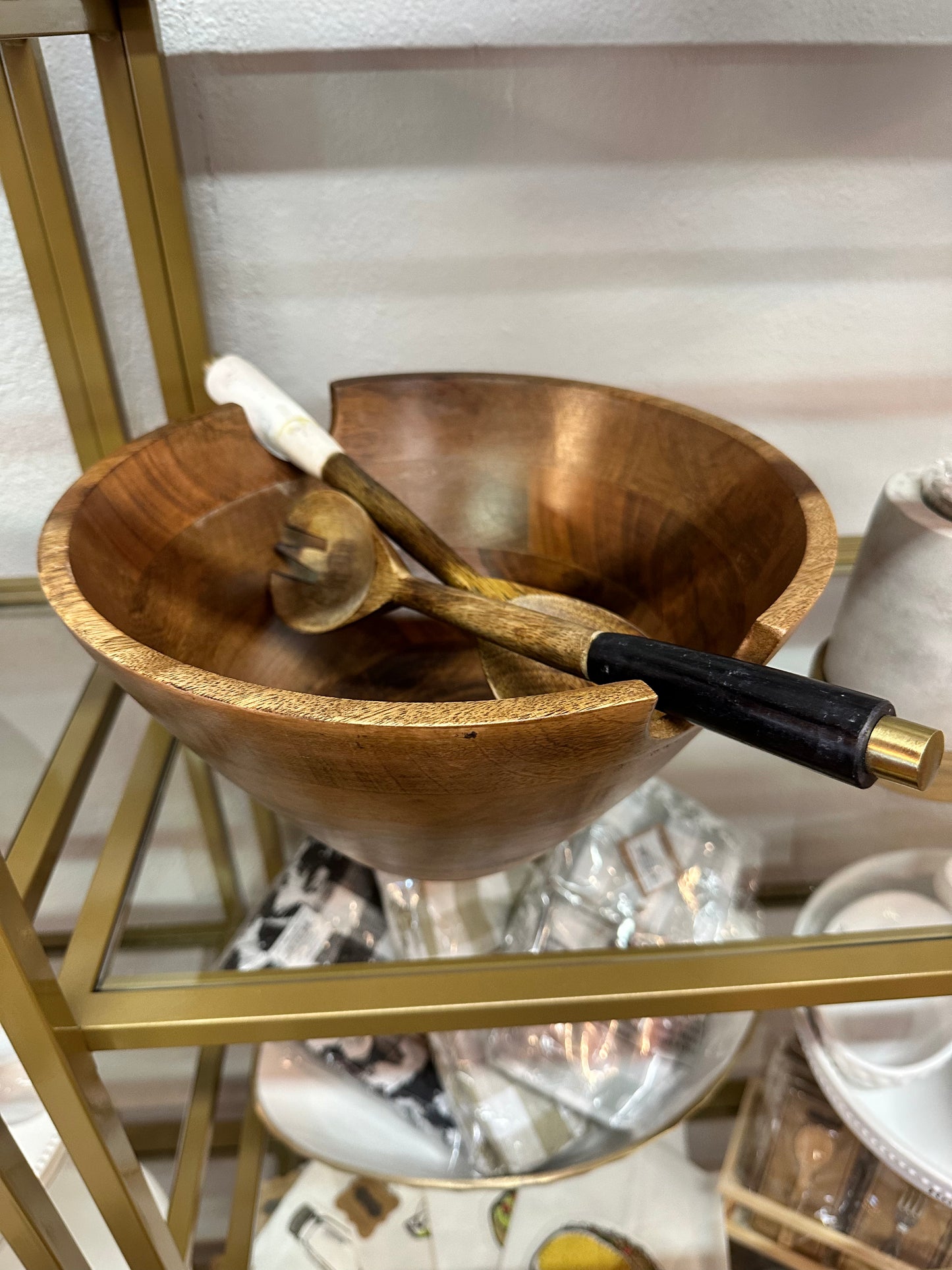 Wooden serving bowl & utensils